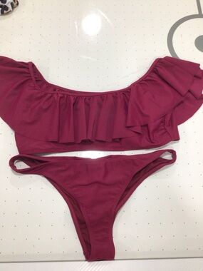 Off-Shoulder Ruffle Bikini Set in Plum